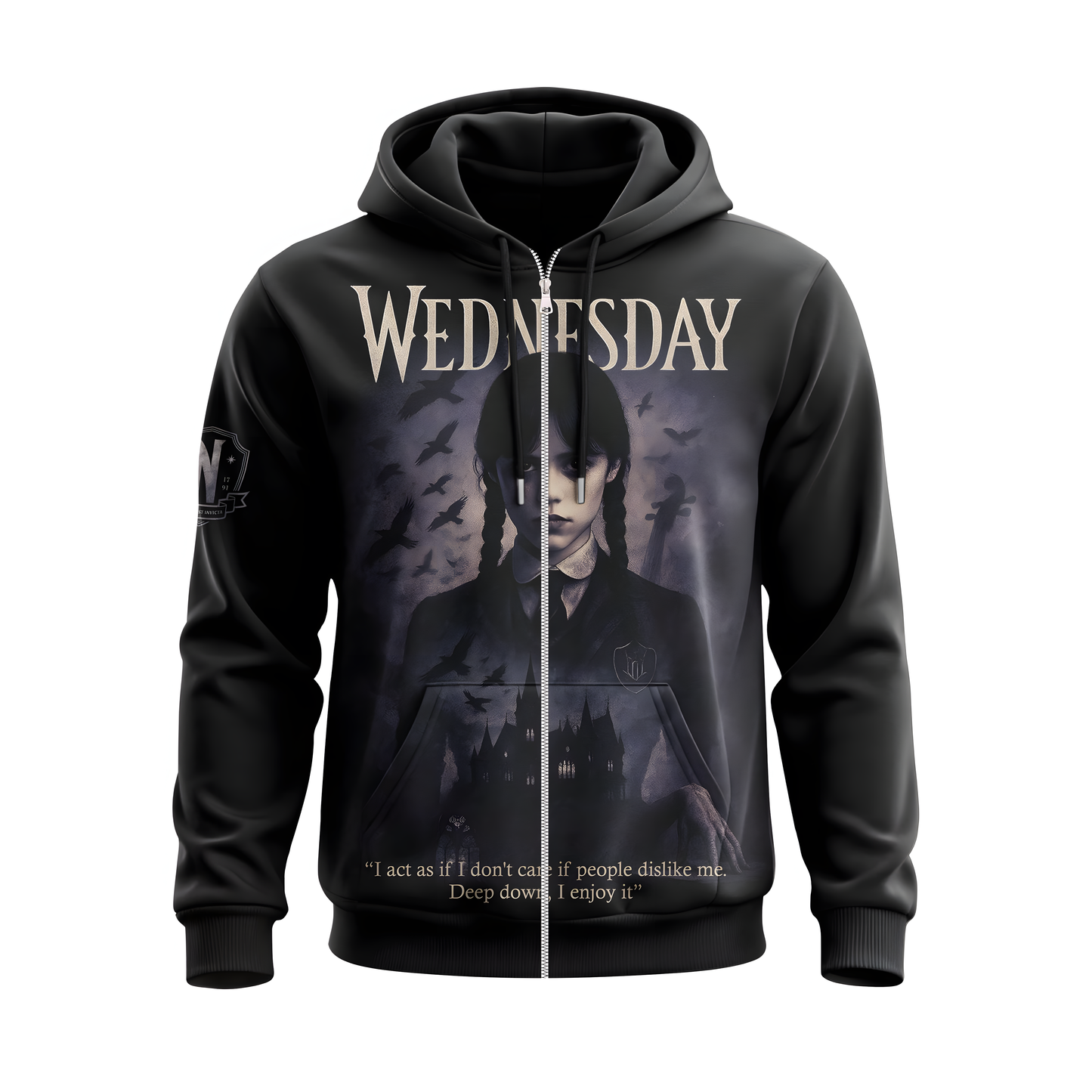 Wednesday Gothic Girl Hoodie, Dark Academy Graphic Sweatshirt, Raven Quote Shirt, Spooky Addams Style Tee, Black Zip Hoodie Gift