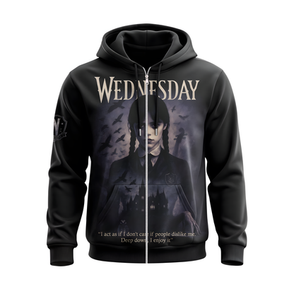 Wednesday Gothic Girl Hoodie, Dark Academy Graphic Sweatshirt, Raven Quote Shirt, Spooky Addams Style Tee, Black Zip Hoodie Gift