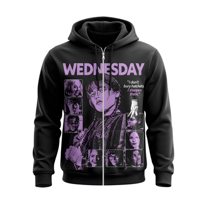 Wednesday Purple Graphic Hoodie, Gothic Girl Sweatshirt, Dark Academy T-Shirt, Spooky Quote Zip Hoodie, Black Horror Apparel