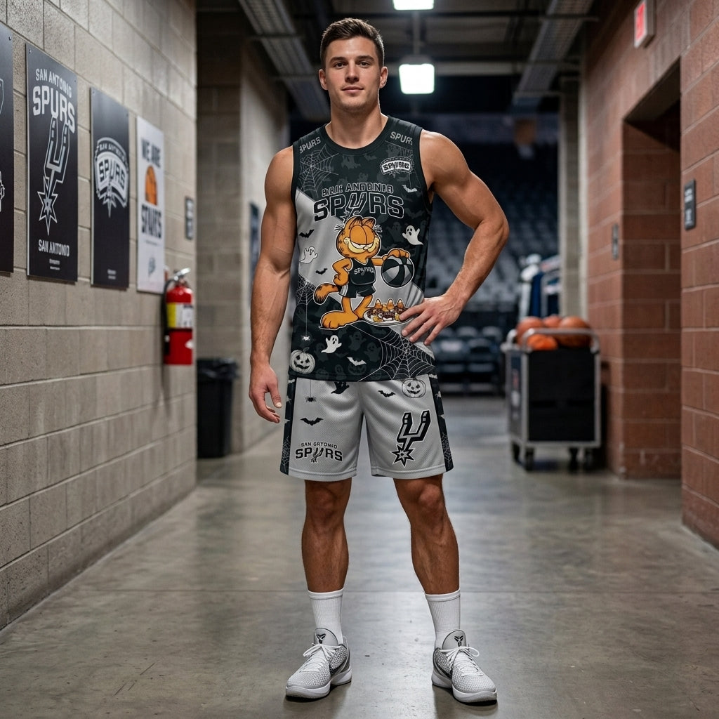Halloween Basketball Jersey And Shorts Set, Cartoon Cat Sport Fan Outfit | 30 Teams Available