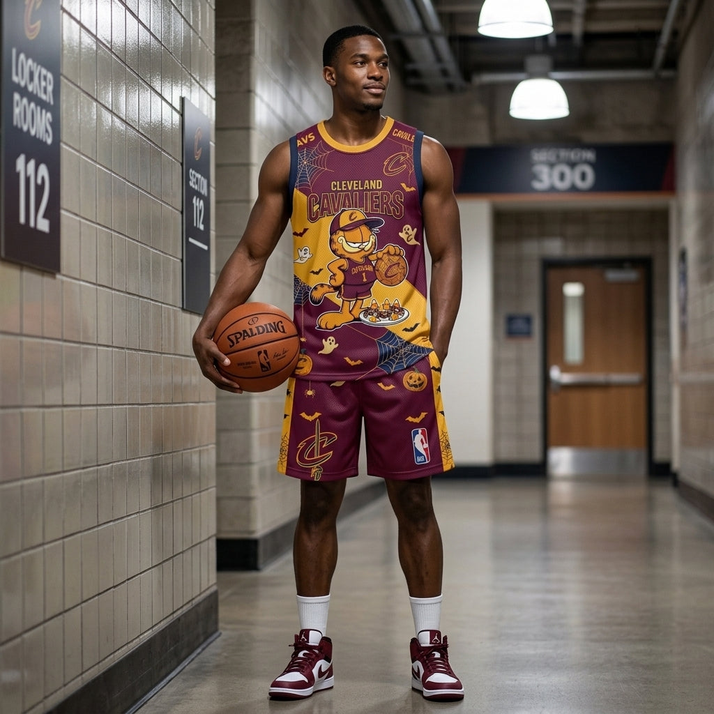 Halloween Basketball Jersey And Shorts Set, Cartoon Cat Sport Fan Outfit | 30 Teams Available