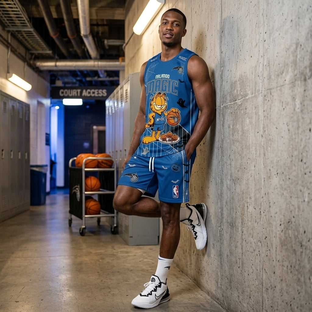 Halloween Basketball Jersey And Shorts Set, Cartoon Cat Sport Fan Outfit | 30 Teams Available