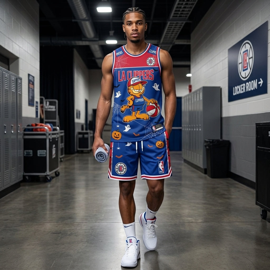 Halloween Basketball Jersey And Shorts Set, Cartoon Cat Sport Fan Outfit | 30 Teams Available