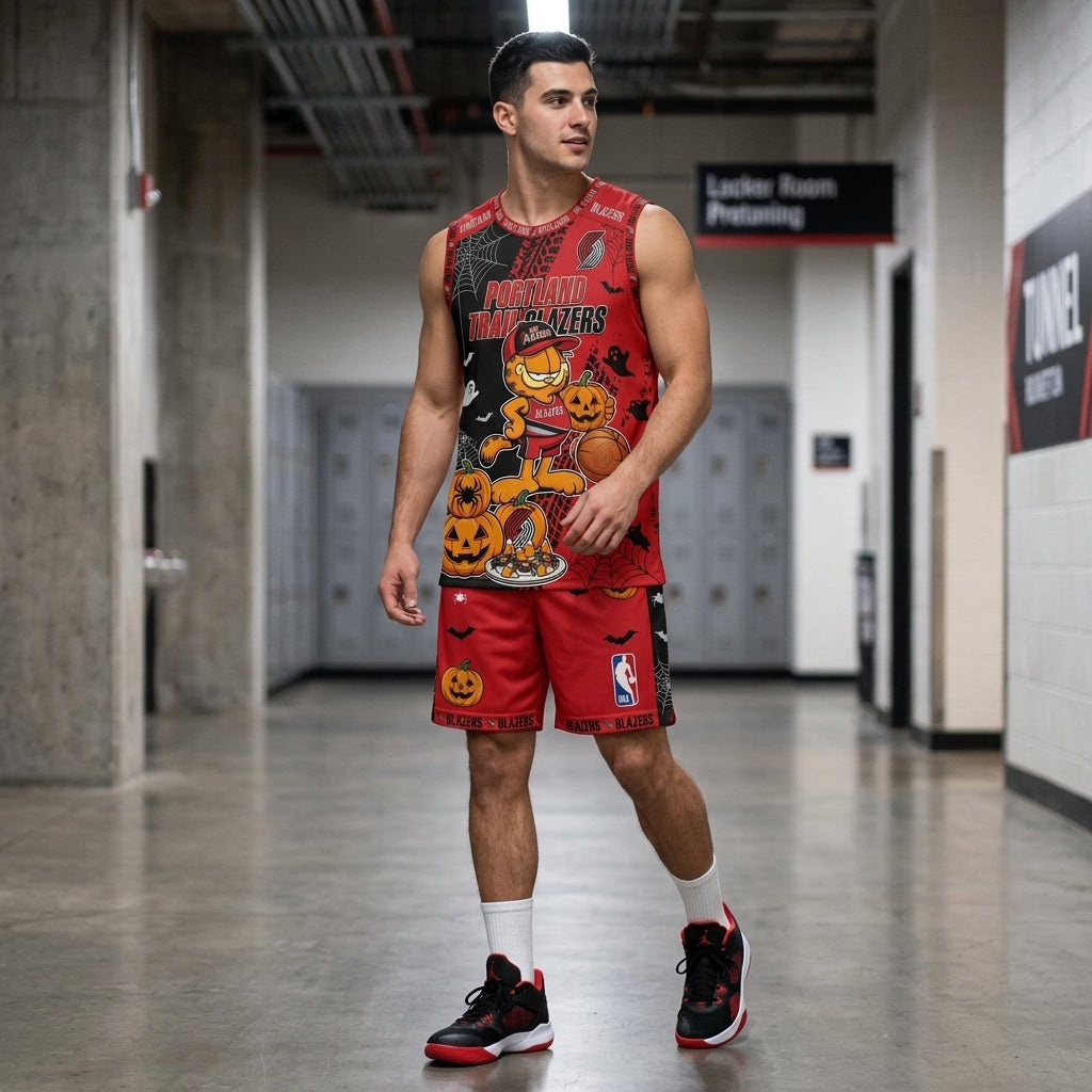 Halloween Basketball Jersey And Shorts Set, Cartoon Cat Sport Fan Outfit | 30 Teams Available