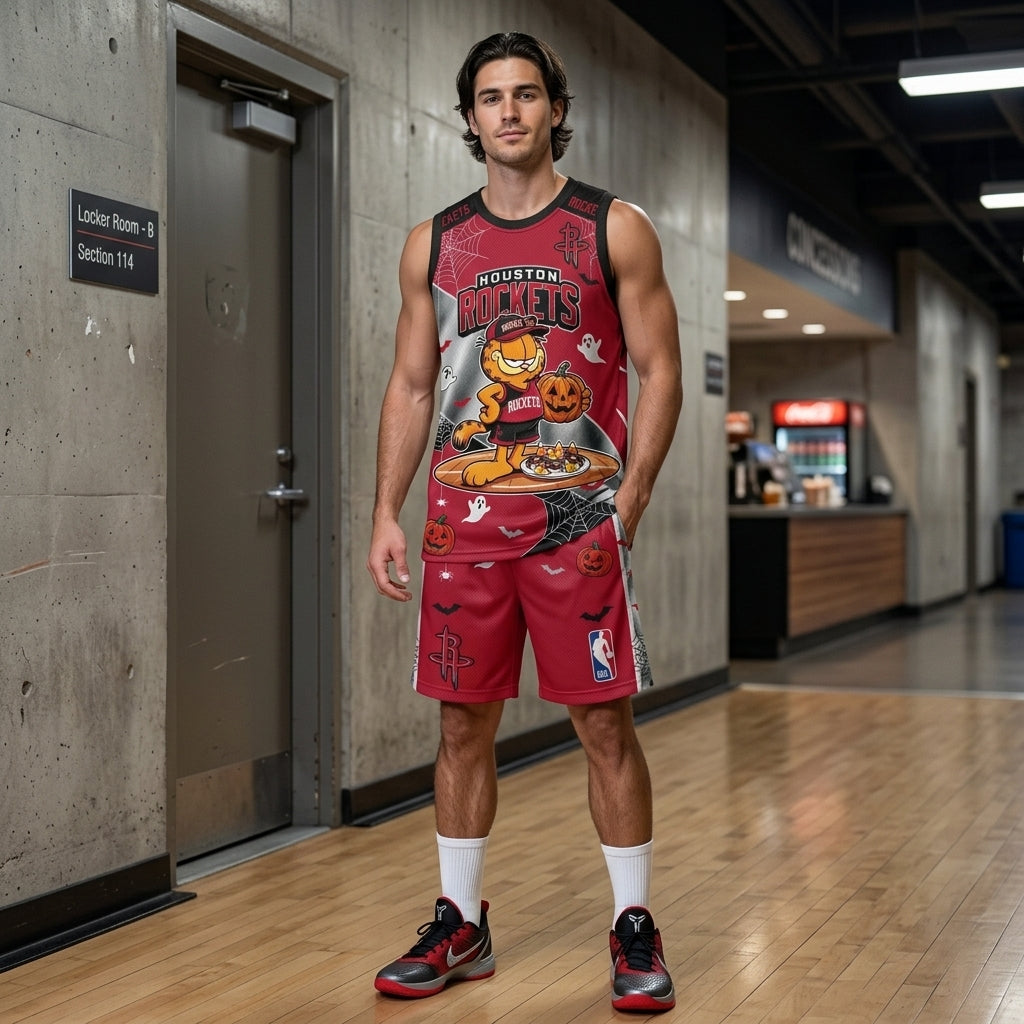 Halloween Basketball Jersey And Shorts Set, Cartoon Cat Sport Fan Outfit | 30 Teams Available