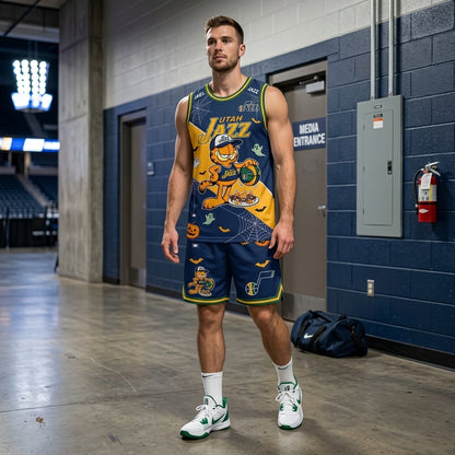 Halloween Basketball Jersey And Shorts Set, Cartoon Cat Sport Fan Outfit | 30 Teams Available