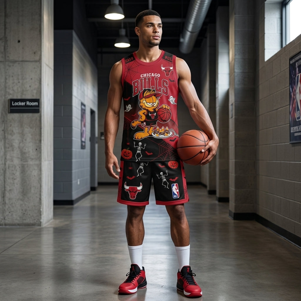 Halloween Basketball Jersey And Shorts Set, Cartoon Cat Sport Fan Outfit | 30 Teams Available