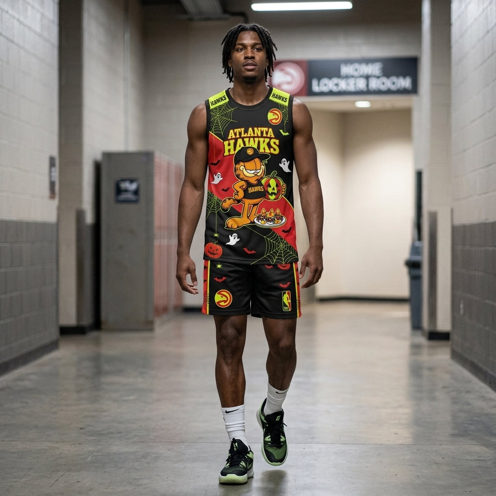 Halloween Basketball Jersey And Shorts Set, Cartoon Cat Sport Fan Outfit | 30 Teams Available