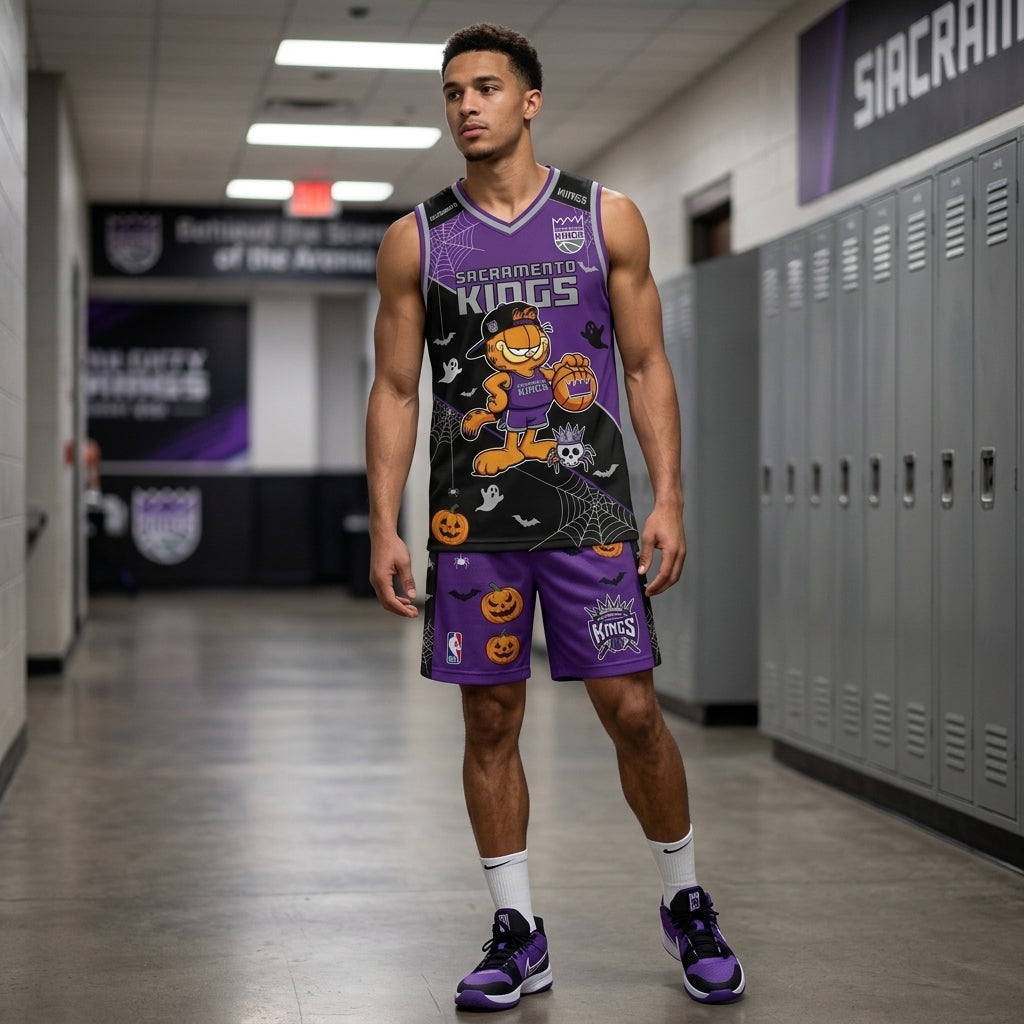 Halloween Basketball Jersey And Shorts Set, Cartoon Cat Sport Fan Outfit | 30 Teams Available