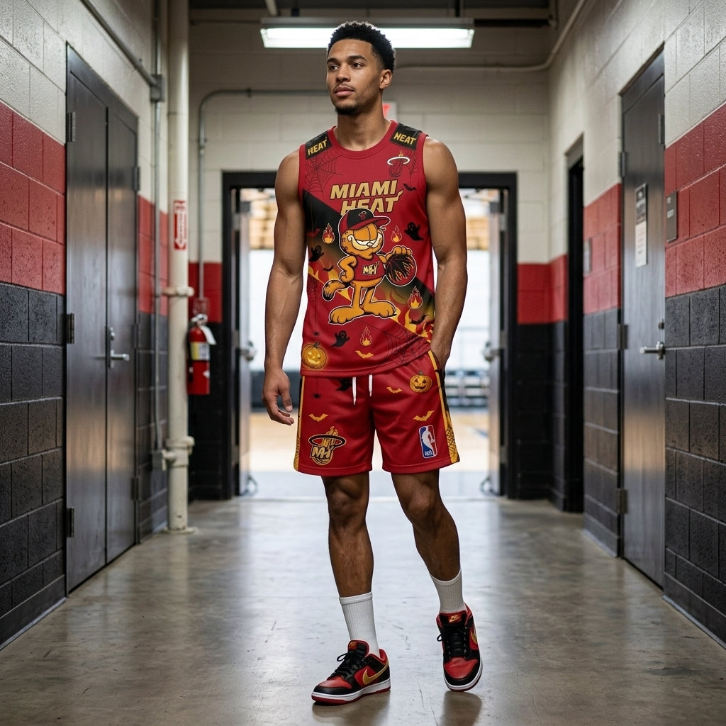 Halloween Basketball Jersey And Shorts Set, Cartoon Cat Sport Fan Outfit | 30 Teams Available