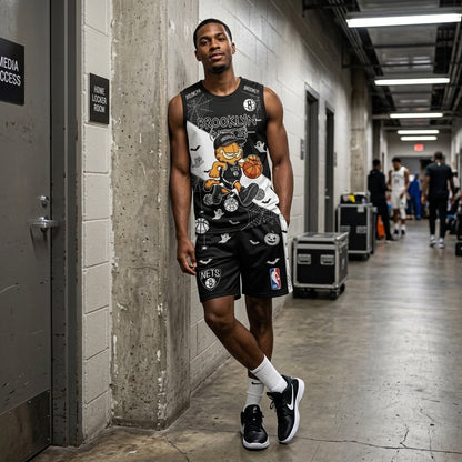 Halloween Basketball Jersey And Shorts Set, Cartoon Cat Sport Fan Outfit | 30 Teams Available