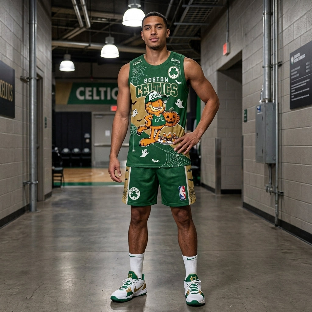 Halloween Basketball Jersey And Shorts Set, Cartoon Cat Sport Fan Outfit | 30 Teams Available