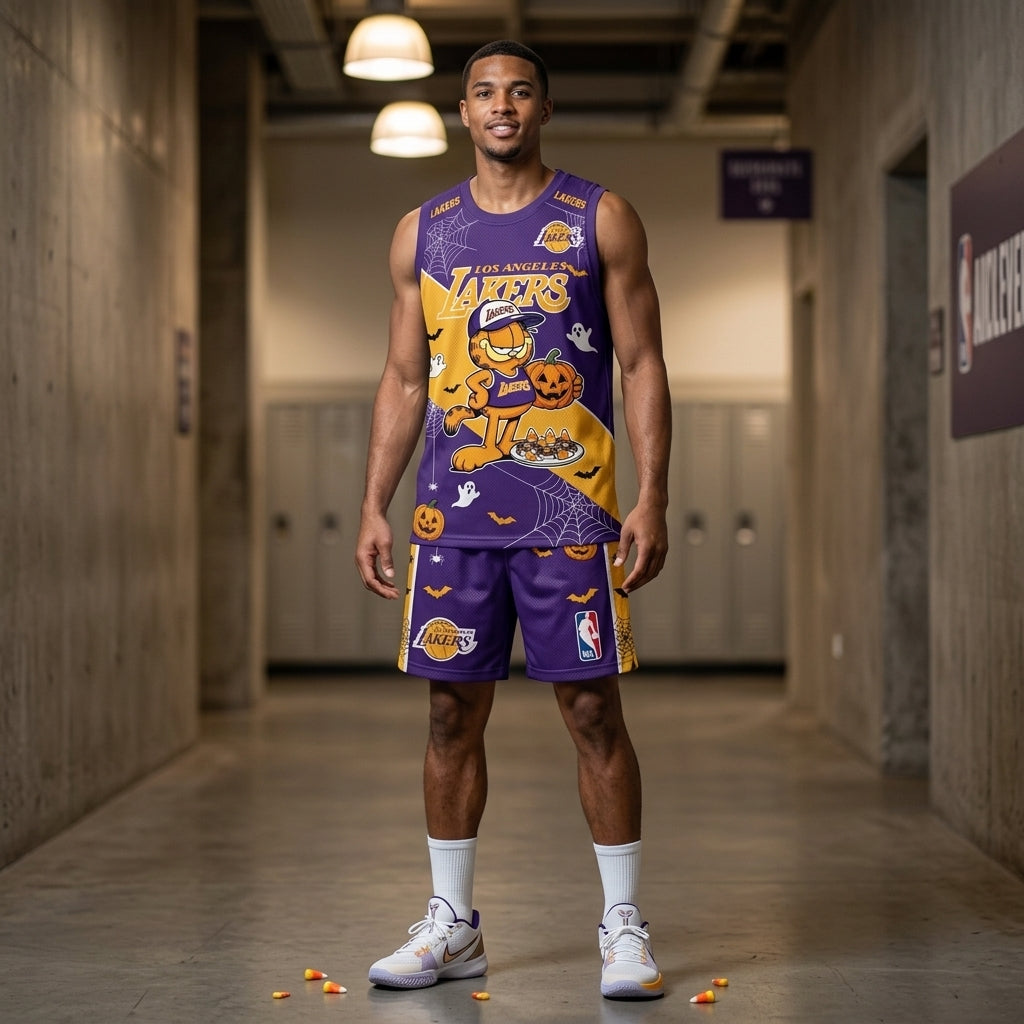 Halloween Basketball Jersey And Shorts Set, Cartoon Cat Sport Fan Outfit | 30 Teams Available