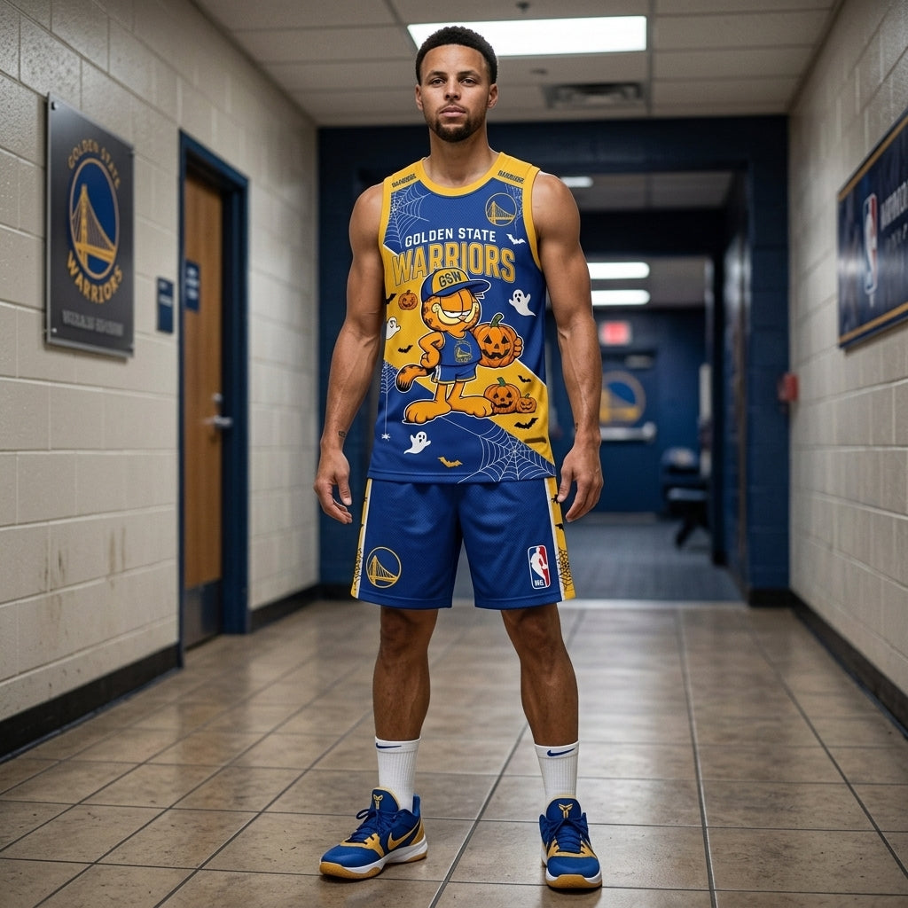 Halloween Basketball Jersey And Shorts Set, Cartoon Cat Sport Fan Outfit | 30 Teams Available