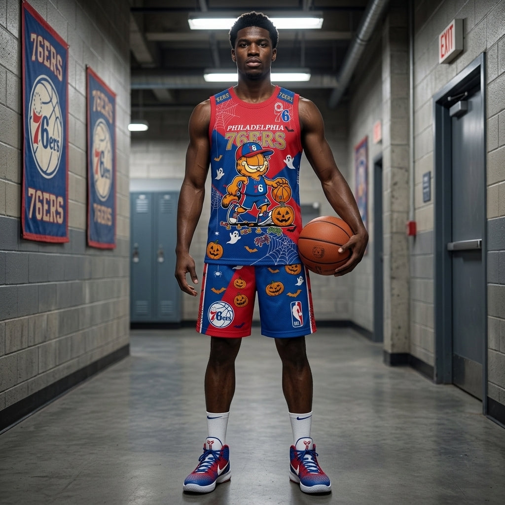 Halloween Basketball Jersey And Shorts Set, Cartoon Cat Sport Fan Outfit | 30 Teams Available