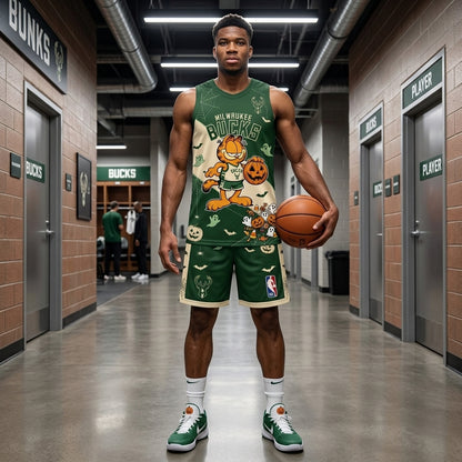 Halloween Basketball Jersey And Shorts Set, Cartoon Cat Sport Fan Outfit | 30 Teams Available