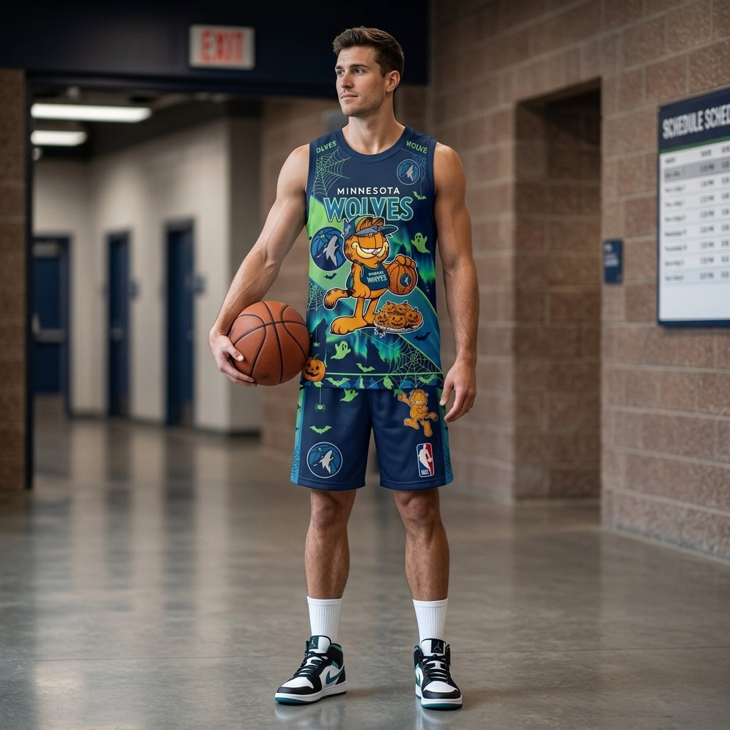 Halloween Basketball Jersey And Shorts Set, Cartoon Cat Sport Fan Outfit | 30 Teams Available