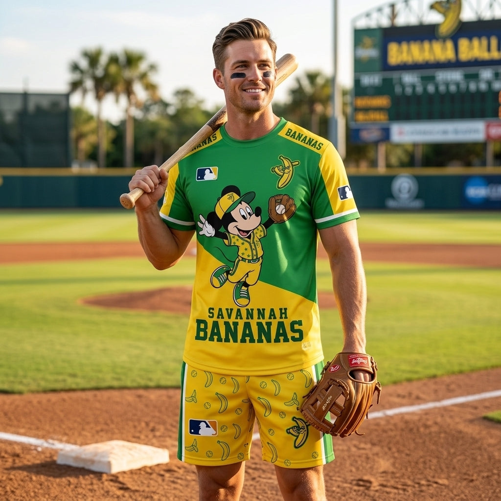 Baseball Fan T-Shirt And Shorts Set, Green Yellow Cartoon Sport Outfit For Summer