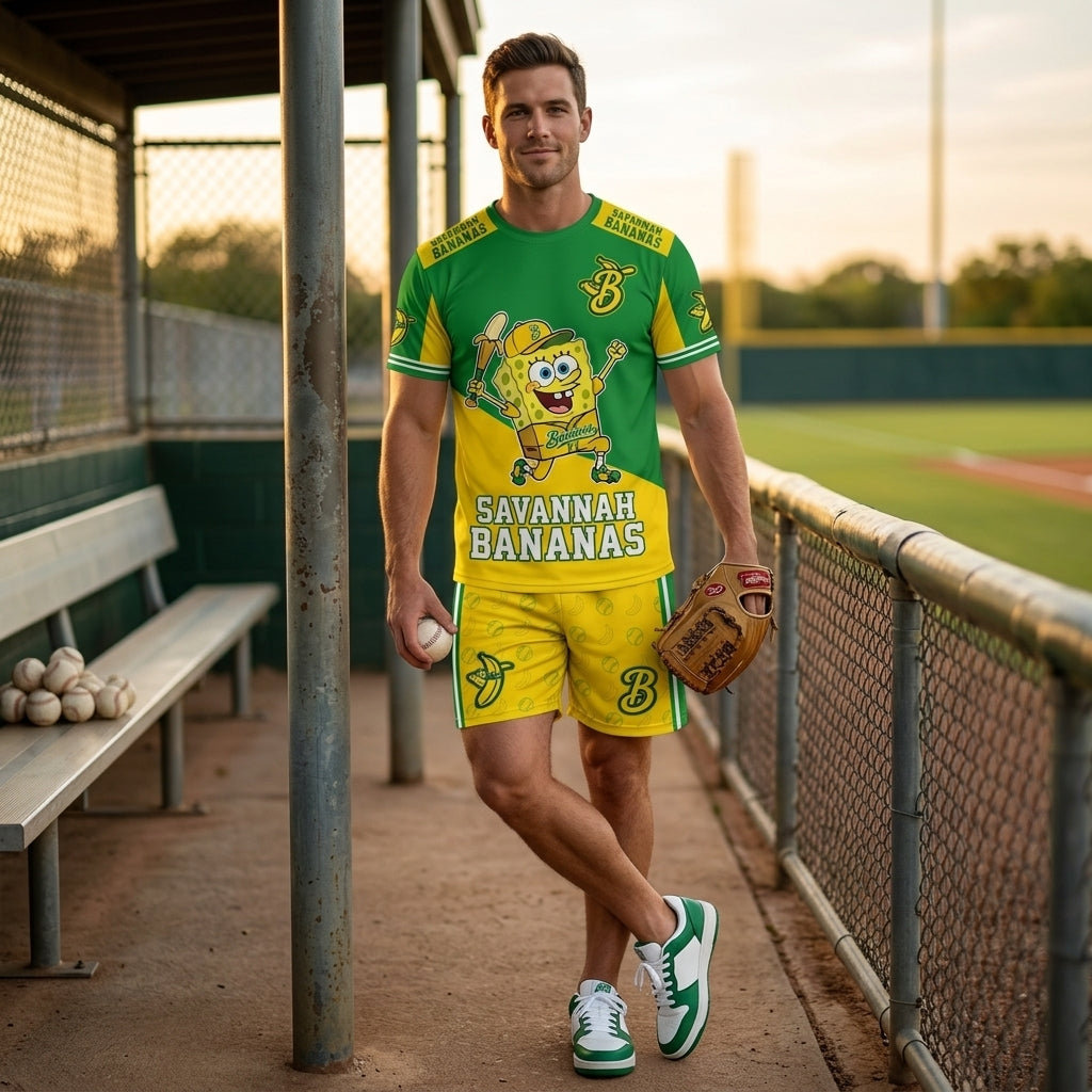 Baseball Fan T-Shirt And Shorts Set, Green Yellow Cartoon Sport Outfit For Summer