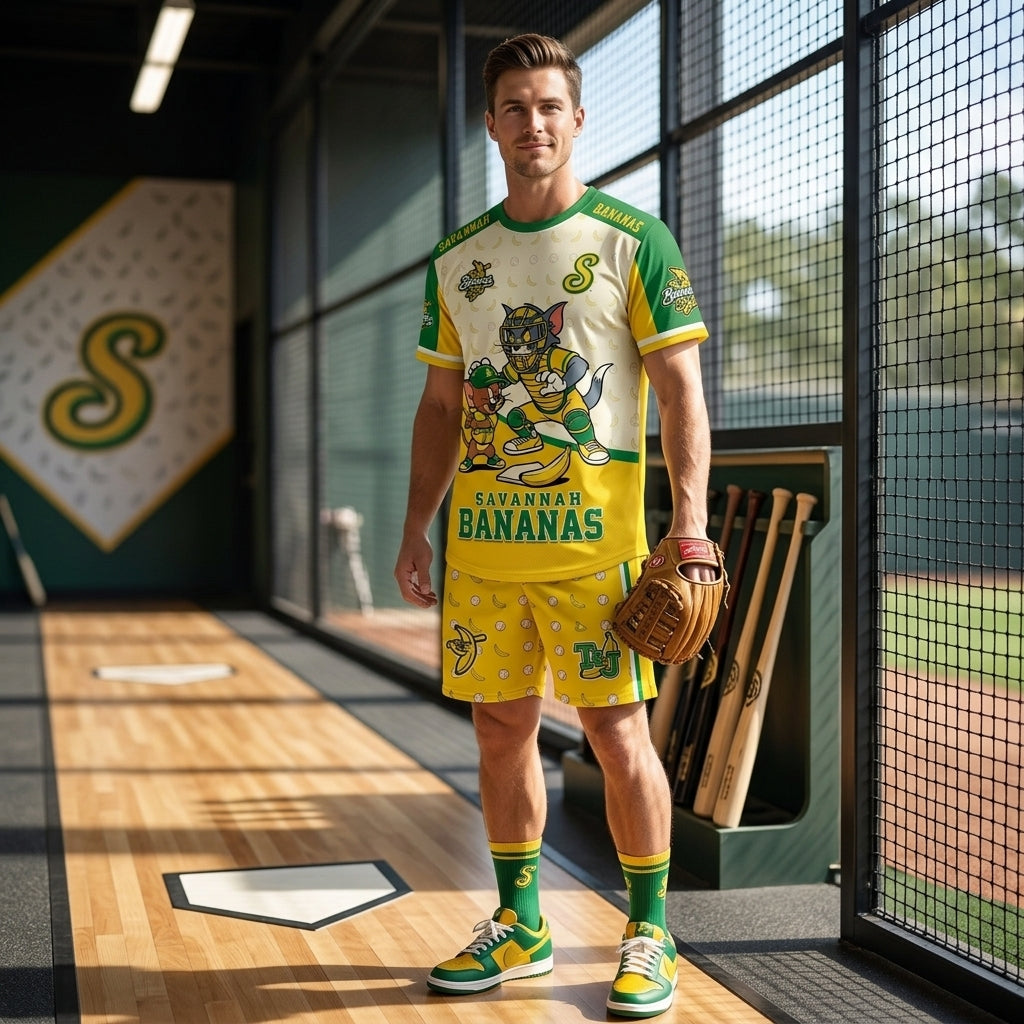 Baseball Fan T-Shirt And Shorts Set, Green Yellow Cartoon Sport Outfit For Summer