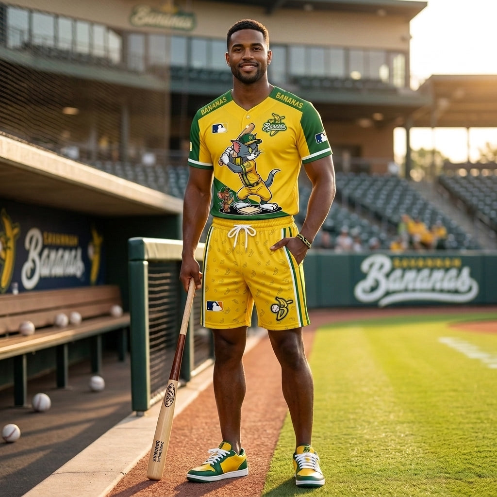 Baseball Fan T-Shirt And Shorts Set, Green Yellow Cartoon Sport Outfit For Summer