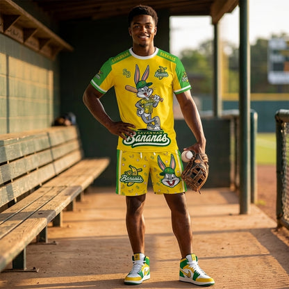 Baseball Fan T-Shirt And Shorts Set, Green Yellow Cartoon Sport Outfit For Summer