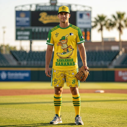 Baseball Fan T-Shirt And Shorts Set, Green Yellow Cartoon Sport Outfit For Summer