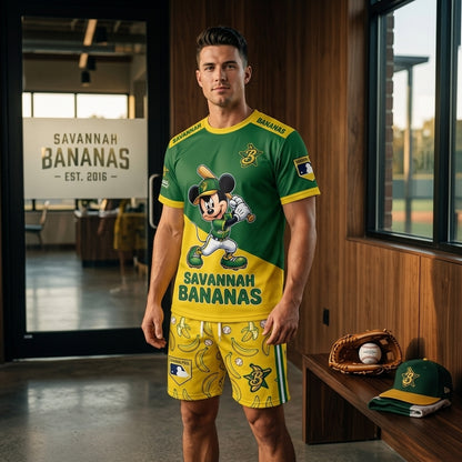 Baseball Fan T-Shirt And Shorts Set, Green Yellow Cartoon Sport Outfit For Summer