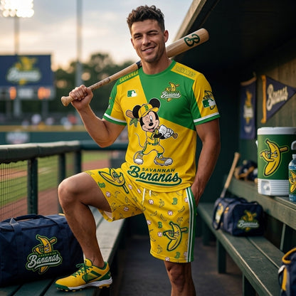 Baseball Fan T-Shirt And Shorts Set, Green Yellow Cartoon Sport Outfit For Summer
