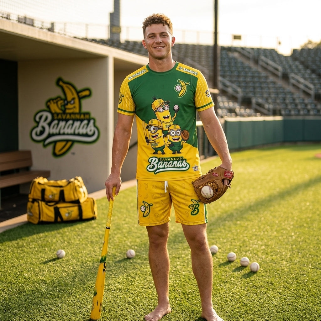 Baseball Fan T-Shirt And Shorts Set, Green Yellow Cartoon Sport Outfit For Summer
