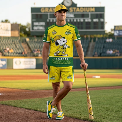 Baseball Fan T-Shirt And Shorts Set, Green Yellow Cartoon Sport Outfit For Summer