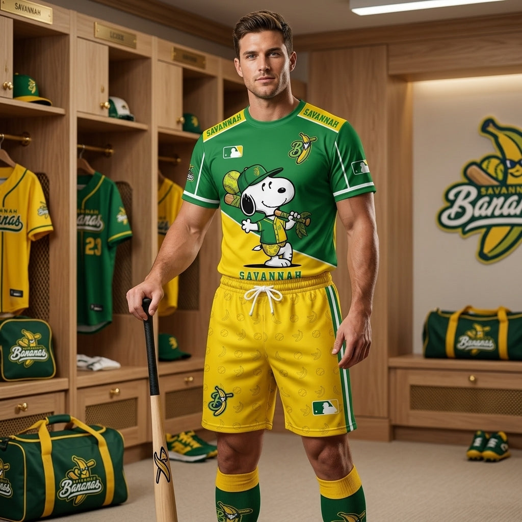 Baseball Fan T-Shirt And Shorts Set, Green Yellow Cartoon Sport Outfit For Summer