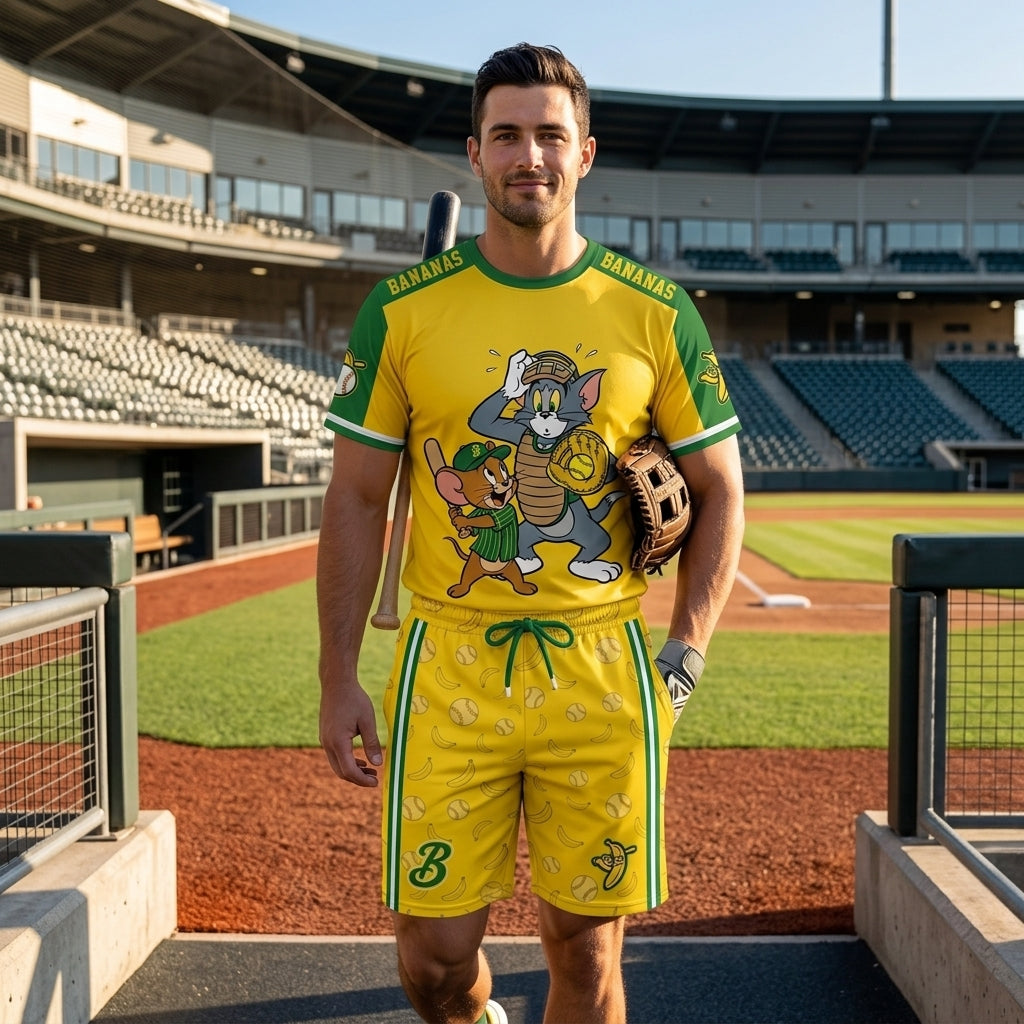 Baseball Fan T-Shirt And Shorts Set, Green Yellow Cartoon Sport Outfit For Summer