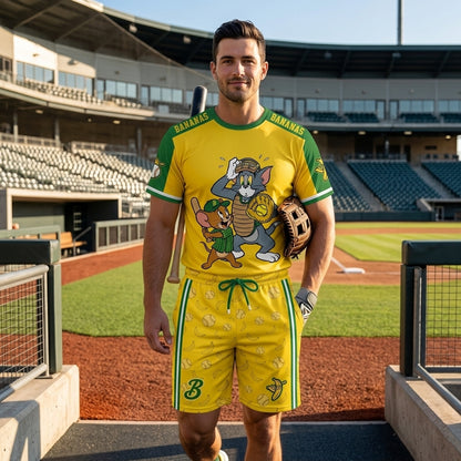 Baseball Fan T-Shirt And Shorts Set, Green Yellow Cartoon Sport Outfit For Summer