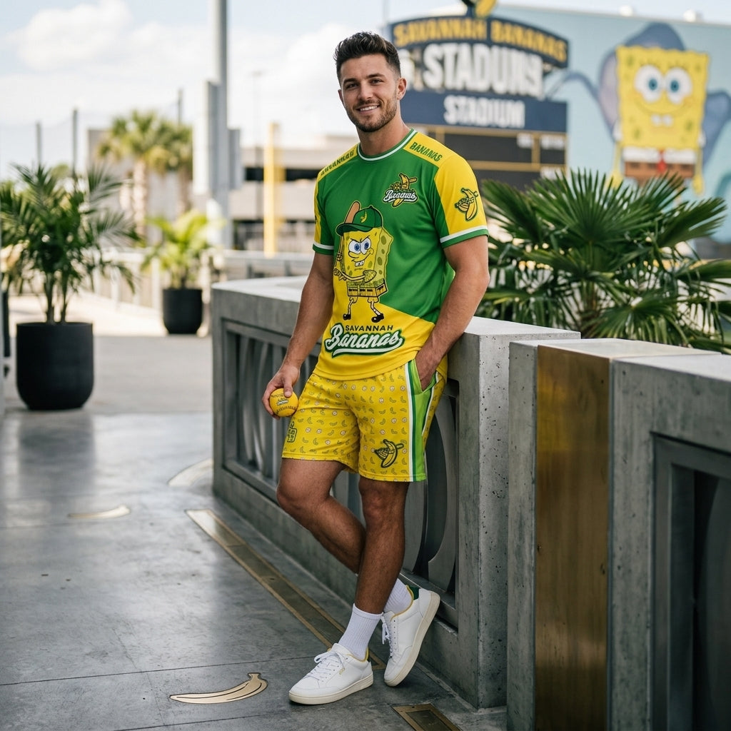Baseball Fan T-Shirt And Shorts Set, Green Yellow Cartoon Sport Outfit For Summer