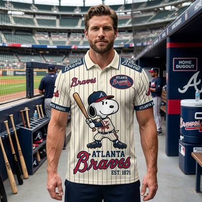 National League — NL Baseball Polo Shirt, Team Color Game Day Polo, Cartoon Dog Baseball Inspired Sports Jersey, Navy Pinstripe Fanwear Shirt