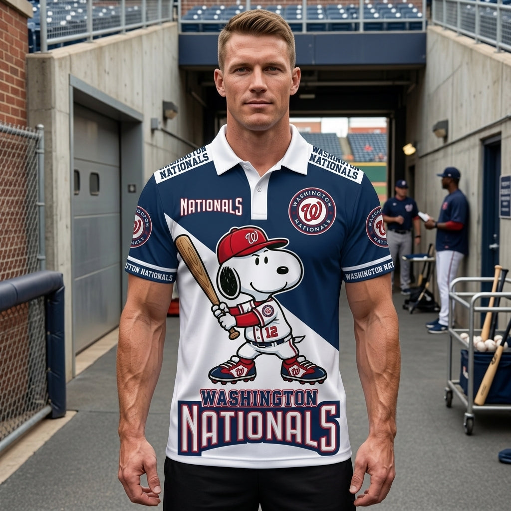National League — NL Baseball Polo Shirt, Team Color Game Day Polo, Cartoon Dog Baseball Inspired Sports Jersey, Navy Pinstripe Fanwear Shirt