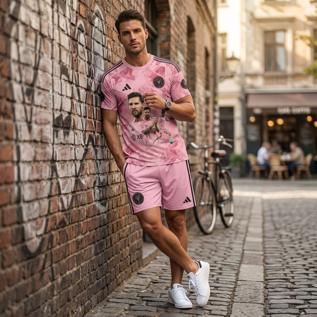 Special Edition Football Legend T-Shirt + Shorts Set, Pink Soccer Fan Outfit