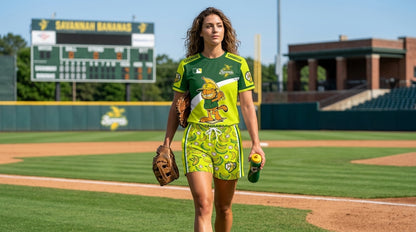 Baseball Fan T-Shirt And Shorts Set, Green Yellow Cartoon Sport Outfit For Summer