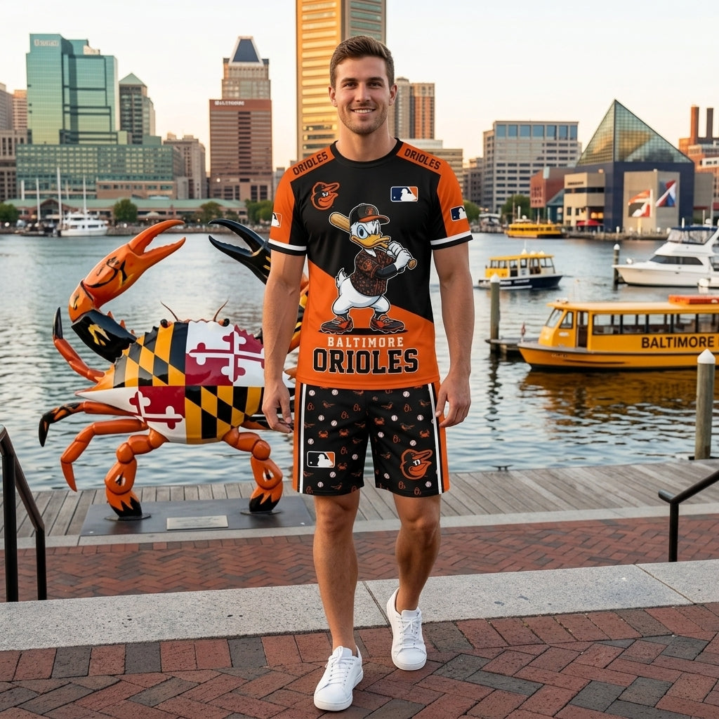 Cartoon Duck Baseball Fan T-Shirt And Shorts Set, Sport Outfit Combo | 30 Teams Available
