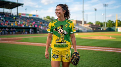 Baseball Fan T-Shirt And Shorts Set, Green Yellow Cartoon Sport Outfit For Summer
