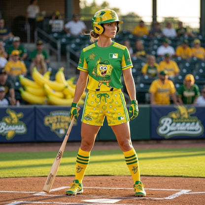 Baseball Fan T-Shirt And Shorts Set, Green Yellow Cartoon Sport Outfit For Summer