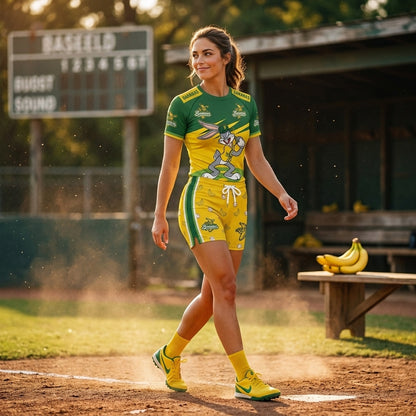 Baseball Fan T-Shirt And Shorts Set, Green Yellow Cartoon Sport Outfit For Summer