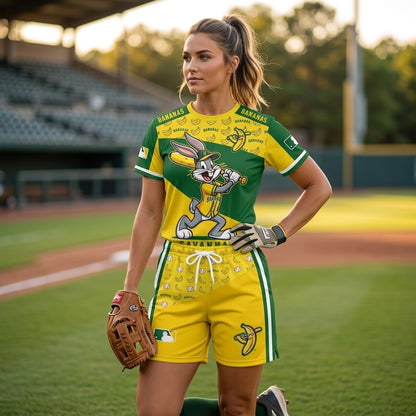 Baseball Fan T-Shirt And Shorts Set, Green Yellow Cartoon Sport Outfit For Summer
