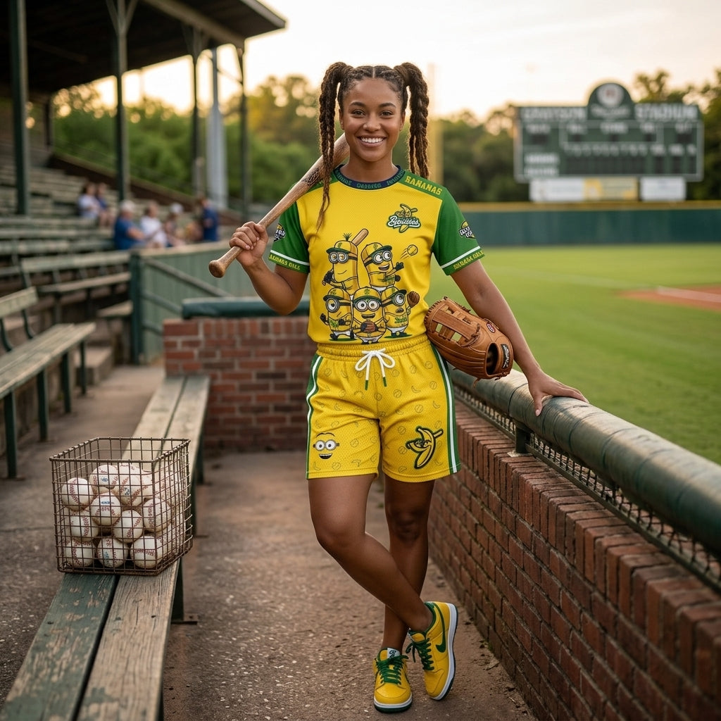 Baseball Fan T-Shirt And Shorts Set, Green Yellow Cartoon Sport Outfit For Summer