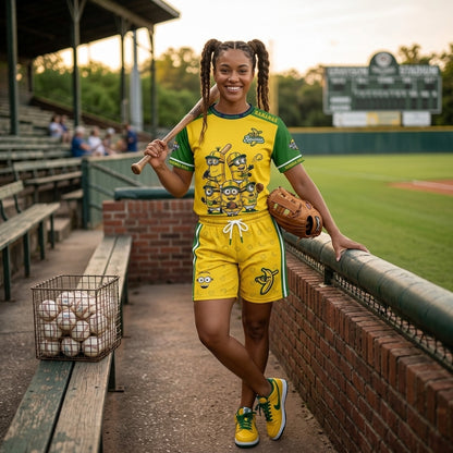 Baseball Fan T-Shirt And Shorts Set, Green Yellow Cartoon Sport Outfit For Summer
