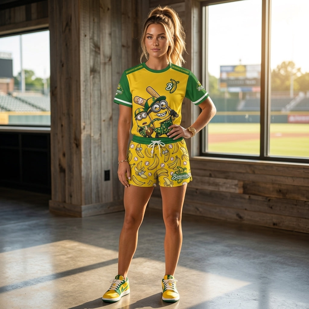Baseball Fan T-Shirt And Shorts Set, Green Yellow Cartoon Sport Outfit For Summer