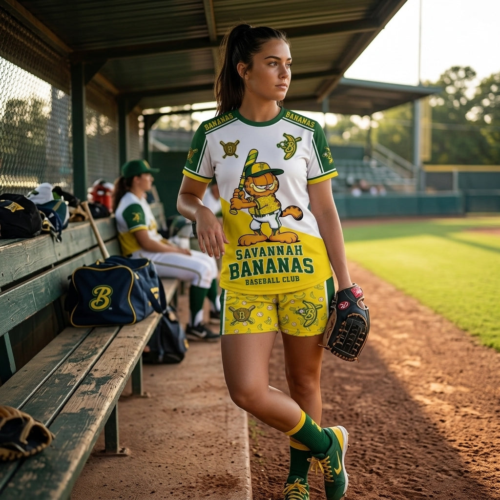 Baseball Fan T-Shirt And Shorts Set, Green Yellow Cartoon Sport Outfit For Summer