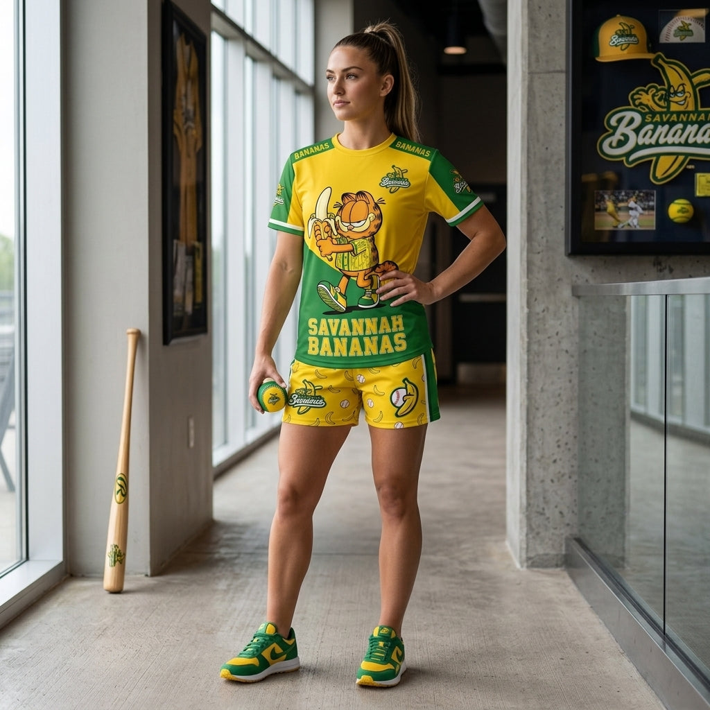 Baseball Fan T-Shirt And Shorts Set, Green Yellow Cartoon Sport Outfit For Summer