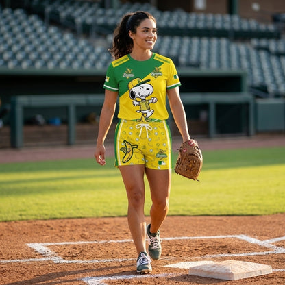 Baseball Fan T-Shirt And Shorts Set, Green Yellow Cartoon Sport Outfit For Summer